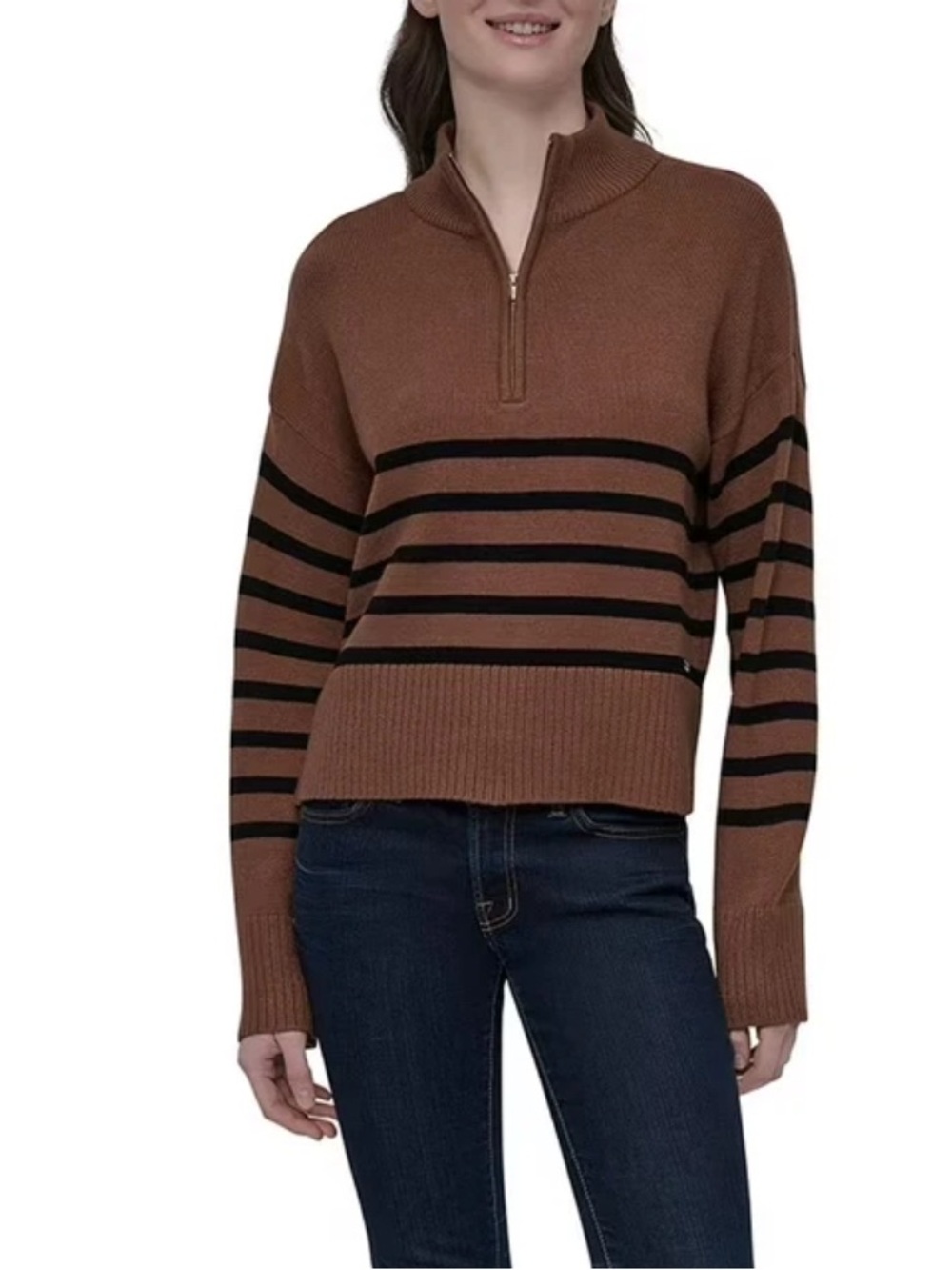 DKNY Brown and Black Striped Half-Zip Turtleneck Sweater